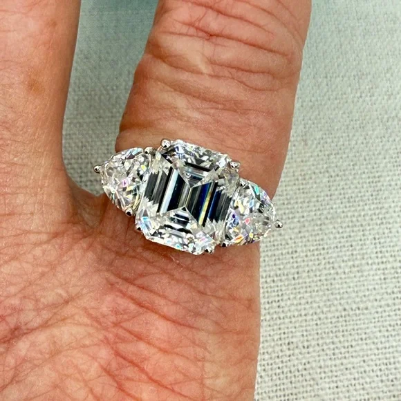 7.40 CTW Moissanite Three Stone Asscher Cut Ring 925 Silver Size 8 NWT - Picture 7 of 17